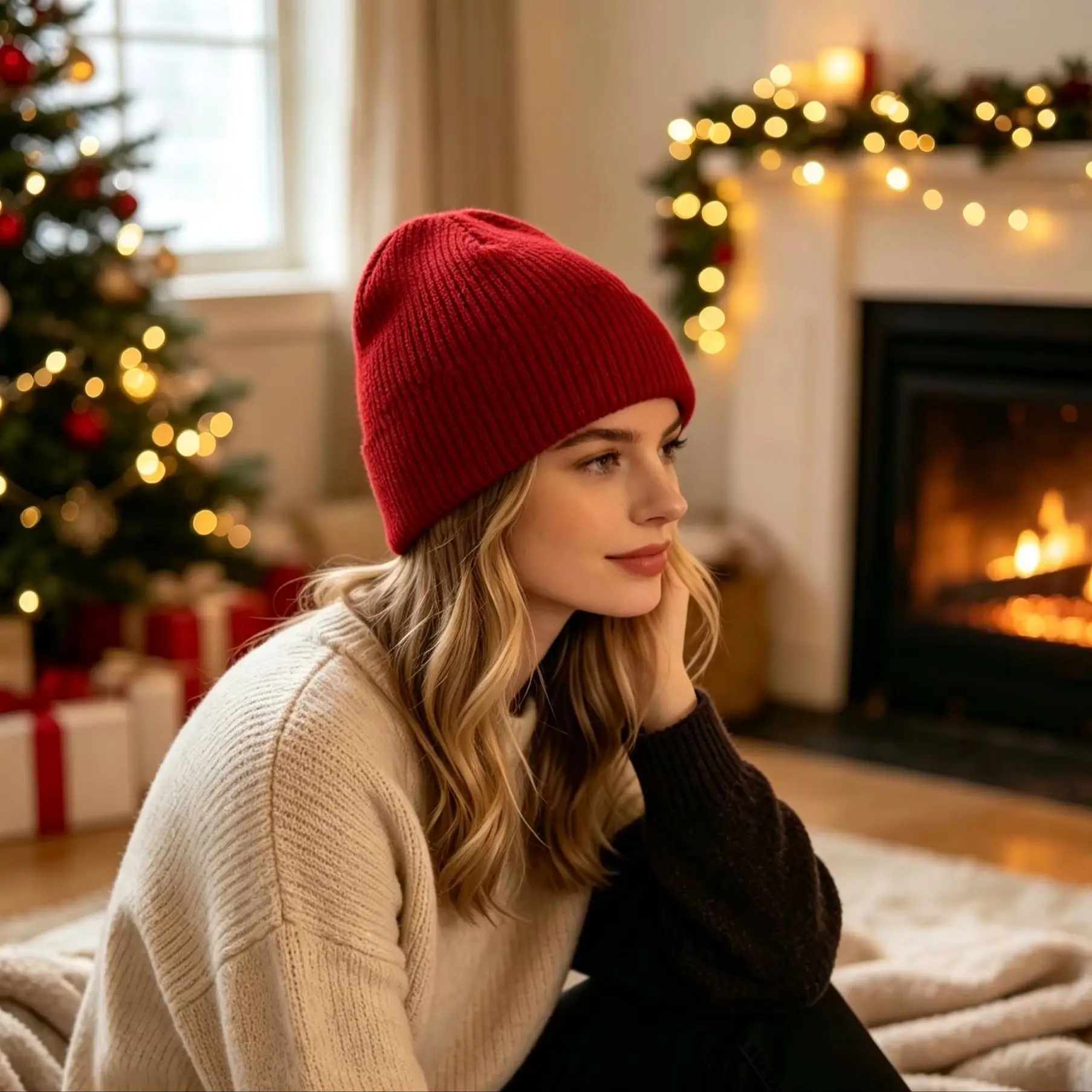 Christmas Red Knit Beanie Hat Winter Warm Solid Color Skull Cap Xmas Holiday Party Gift Unisex Men Women Ski Cuffed Beanie