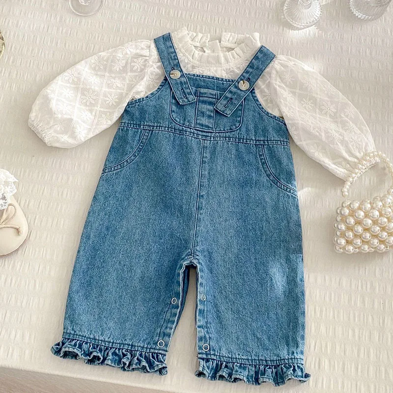 

2025 New Spring 0-4Yrs Baby Girls Clothing Set Long Sleeved Cotton Shirt+Sleeveless Denim Jumpsuit Toddler Baby Clothes Suit