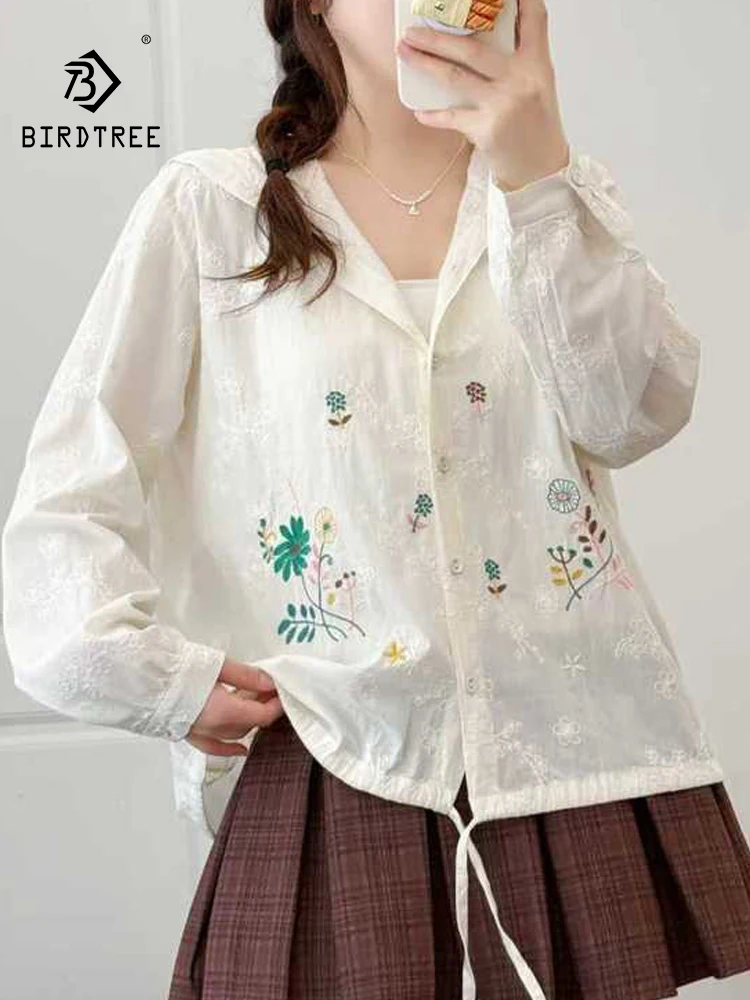 

Новая женская хлопковая рубашка с капюшоном на весну 2026 года, с длинным рукавом и вышивкой, в стиле Mori Girl, модная, в стиле преппи, тонкая свободная блузка T63952CC