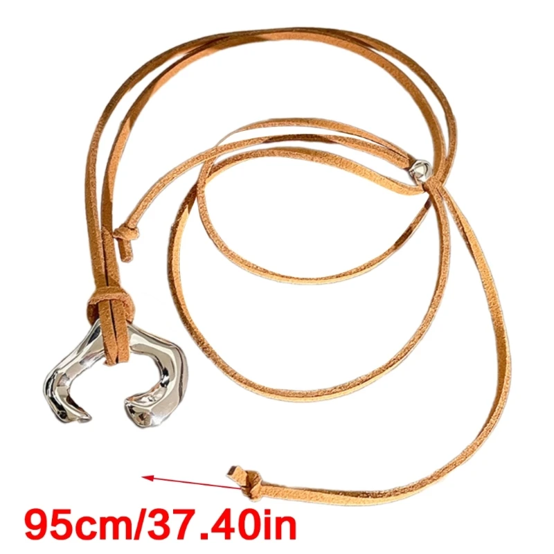 Minimalists Sweater Chain Simple Large Pendant Long Leather Cord Necklace for Layering With Casual Attires