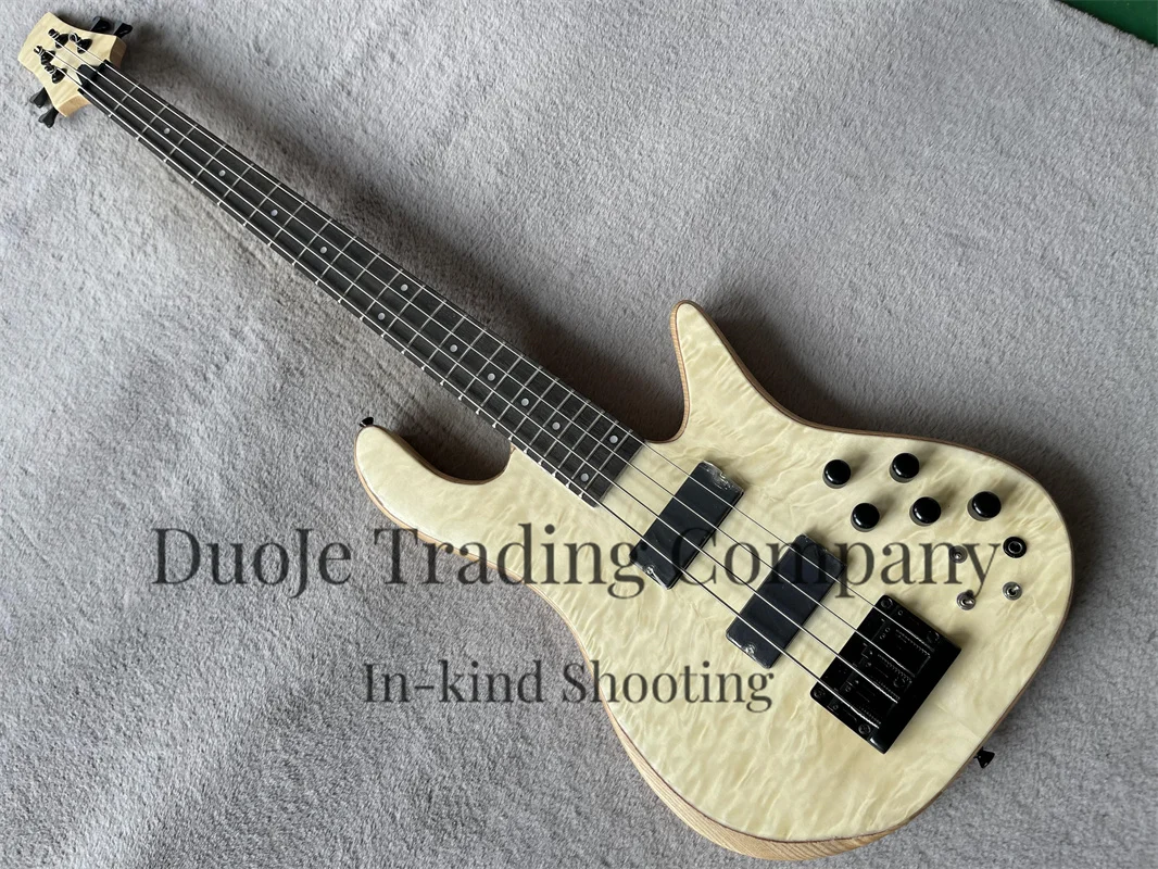 Natural Color Bass 4-string electric bass Squilted Maple Top Maple neck Set In ASH wood body black tuner