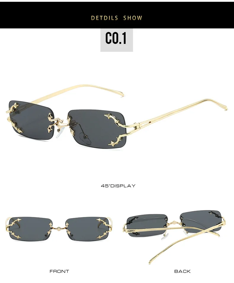 Neue Randlose Sonnenbrille für Damen Rechteckig Stylisch Y2K Persönlichkeit Markendesigner UV400 Schutz Coole Metall-Sternenexplosion-Dekoration – Detail 6