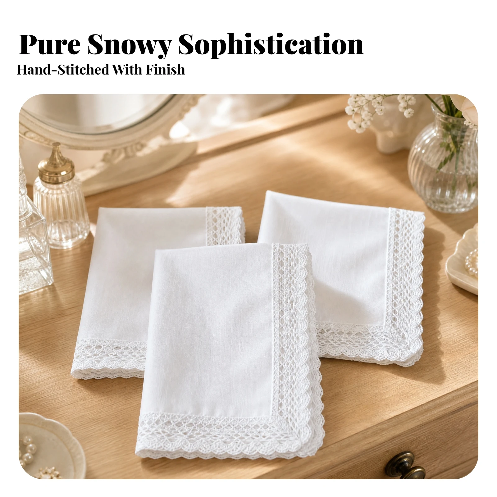 3 Pieces Handkerchief with Cotton Lace Trim Elegant Scalloped Lace Handkerchief Handkerchiefs Delicate Hankies Hand Washable