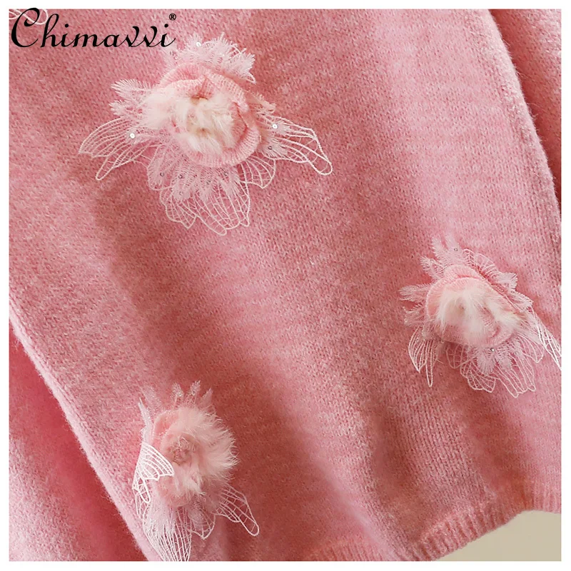 Suéter de flores 3D pesado de moda coreana Otoño e Invierno nueva dulce chica suelta elegante jersey de manga larga Top de punto