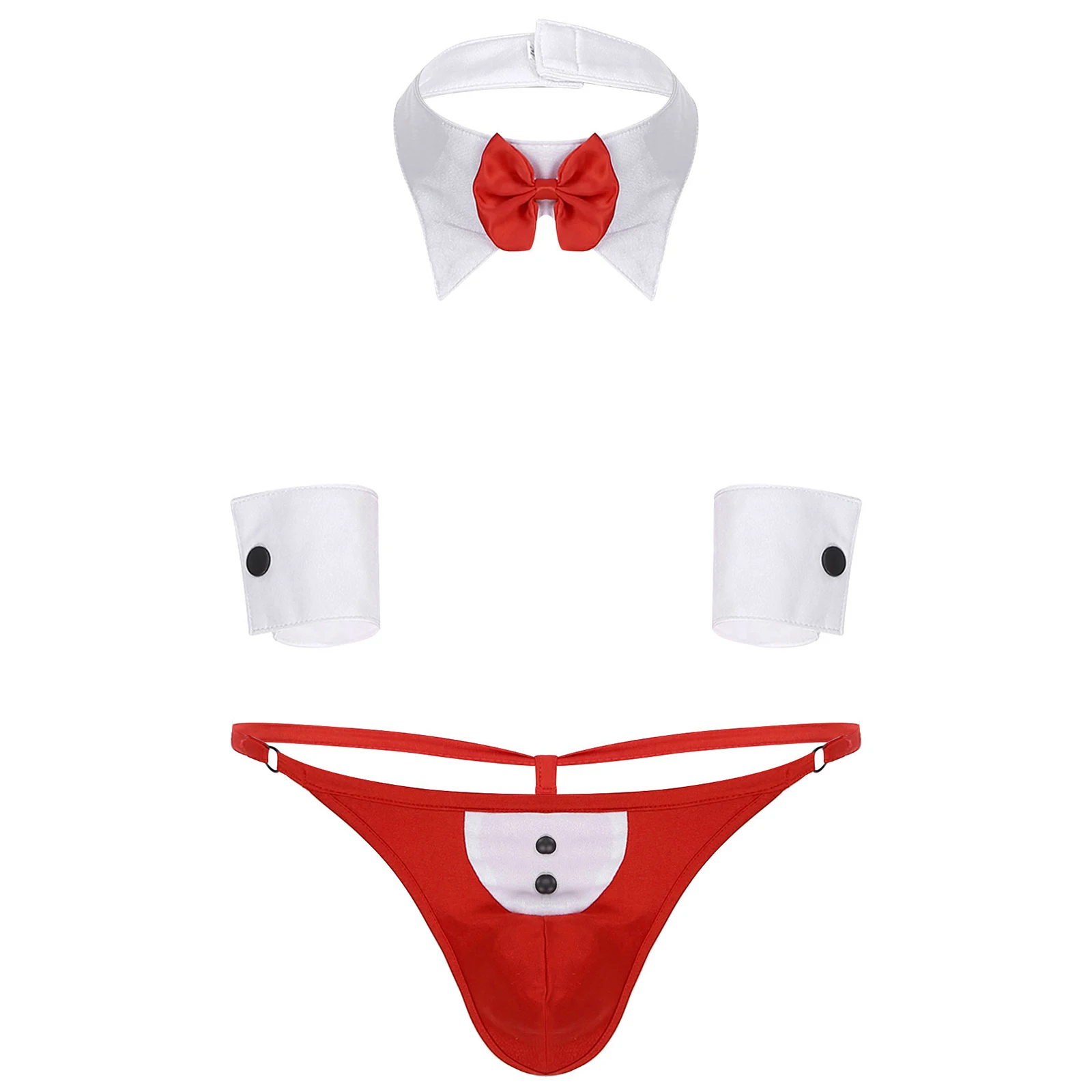 

Men Servant Waiter Cosplay Costume Sexy Lingerie Nightwear G-string Underwear with Bowtie Collar Cuffs for Halloween Theme Party