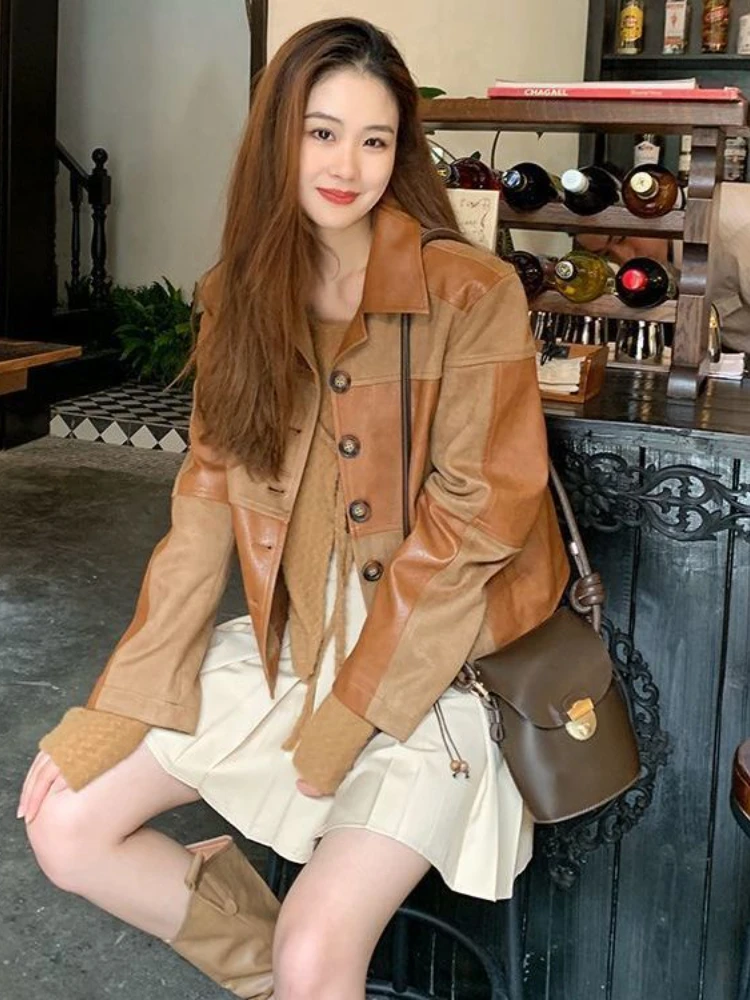 Heavy Industry Functional Style Spliced Leather Garment Women's 2022 Autumn New Design Versatile Short Jacket Coat