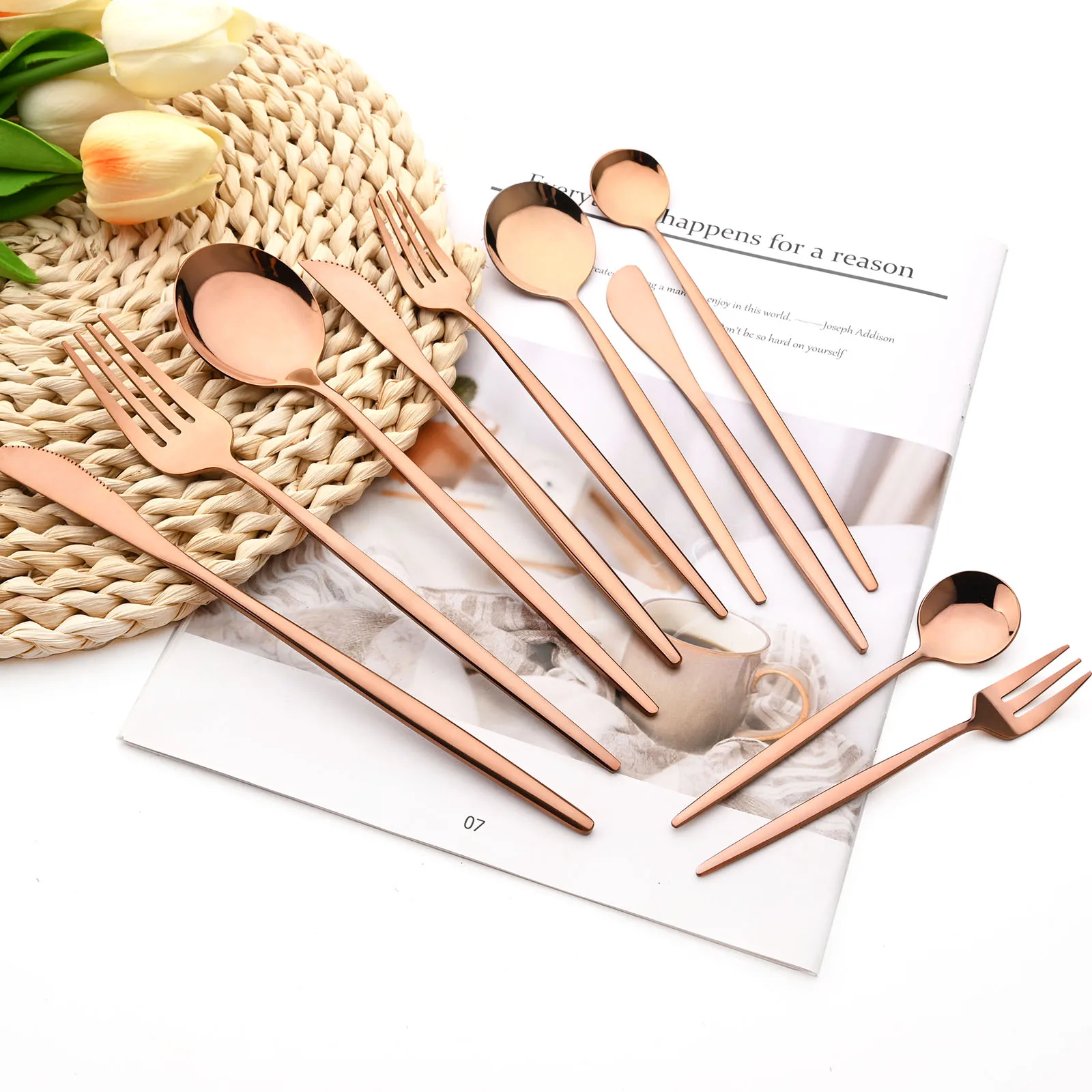 Drmfiy 12Pcs Rose Gold Cutlery Set Fork Knife Spoon Flatware Stainless Steel Dinnerware Set Lomg Ice Spoon Kitchen Set Tableware