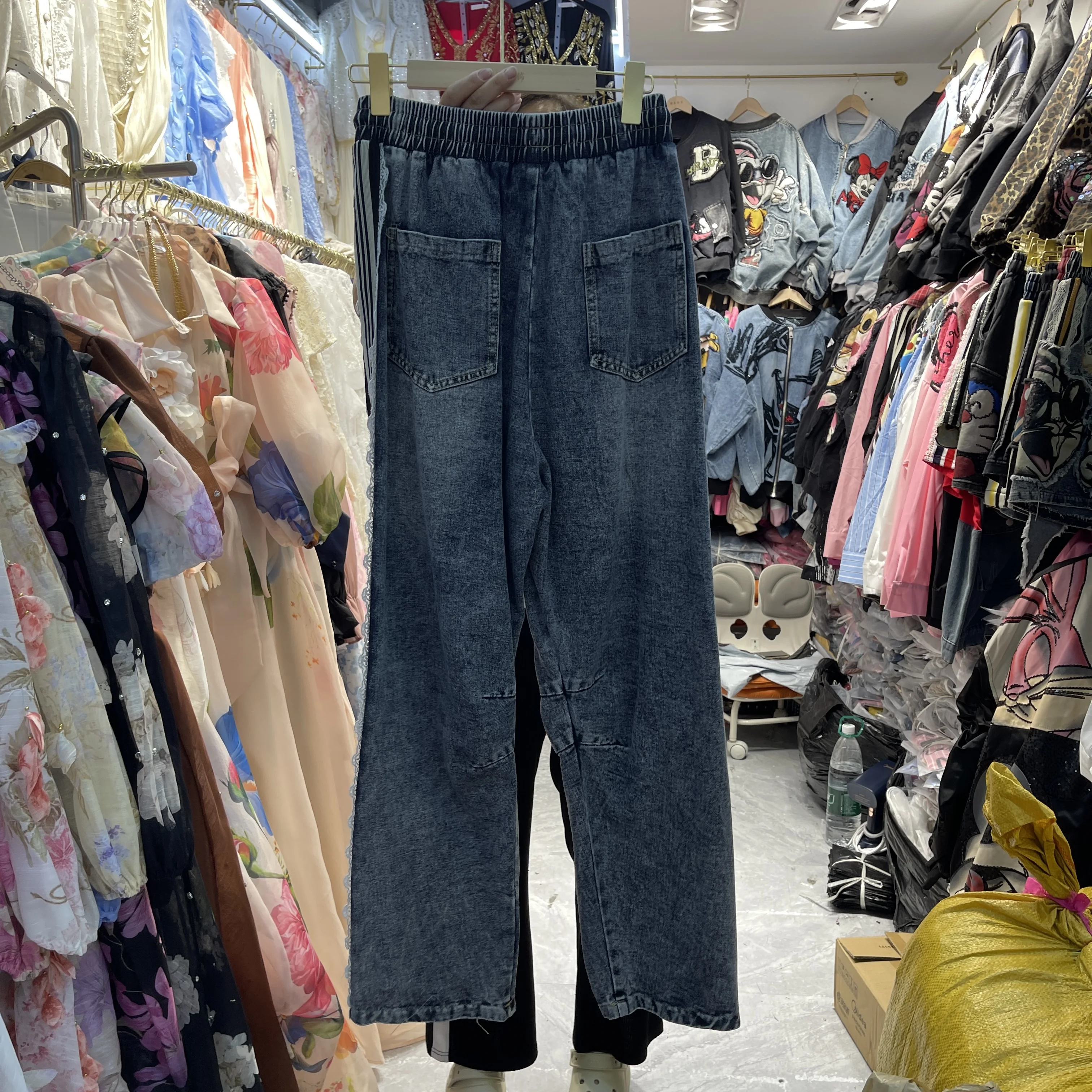 2025 Spring New Korean Style Cartoon Print Loose Elastic Waist Jeans for Women with Sequins Harem Pants Straight Trousers