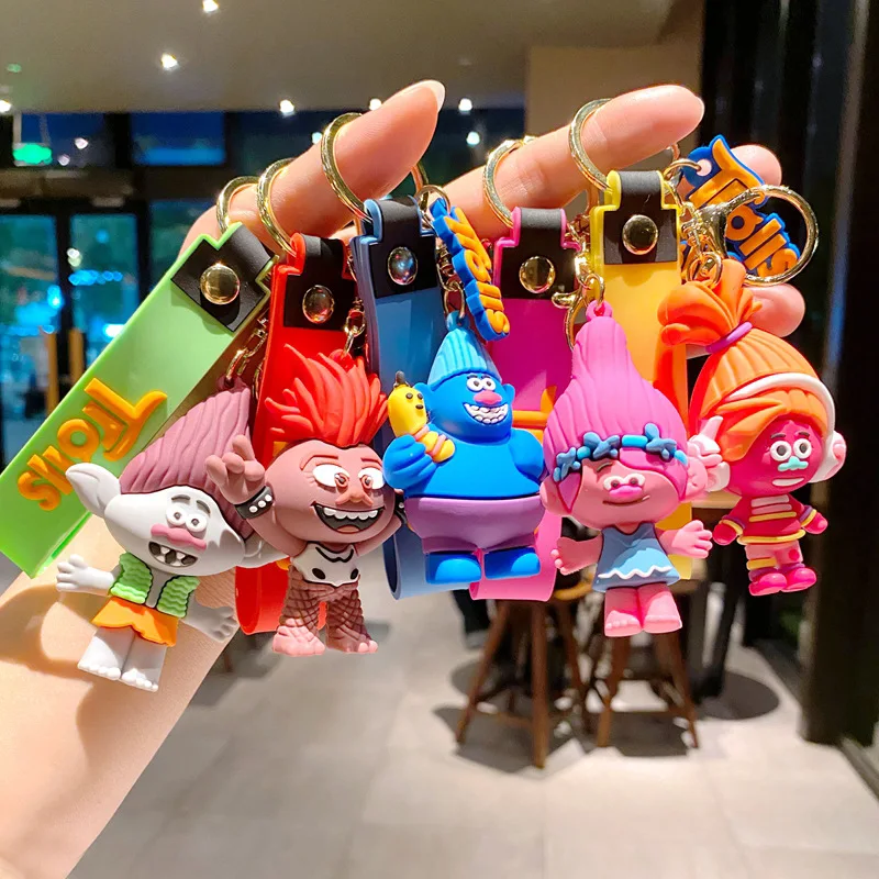 Hot 1pcs Creative Cartoon Trolls Doll Keychain Pendant BagGuy with Long Hair Keyring Mini Model Dolls Kids Birthday Toy Gift