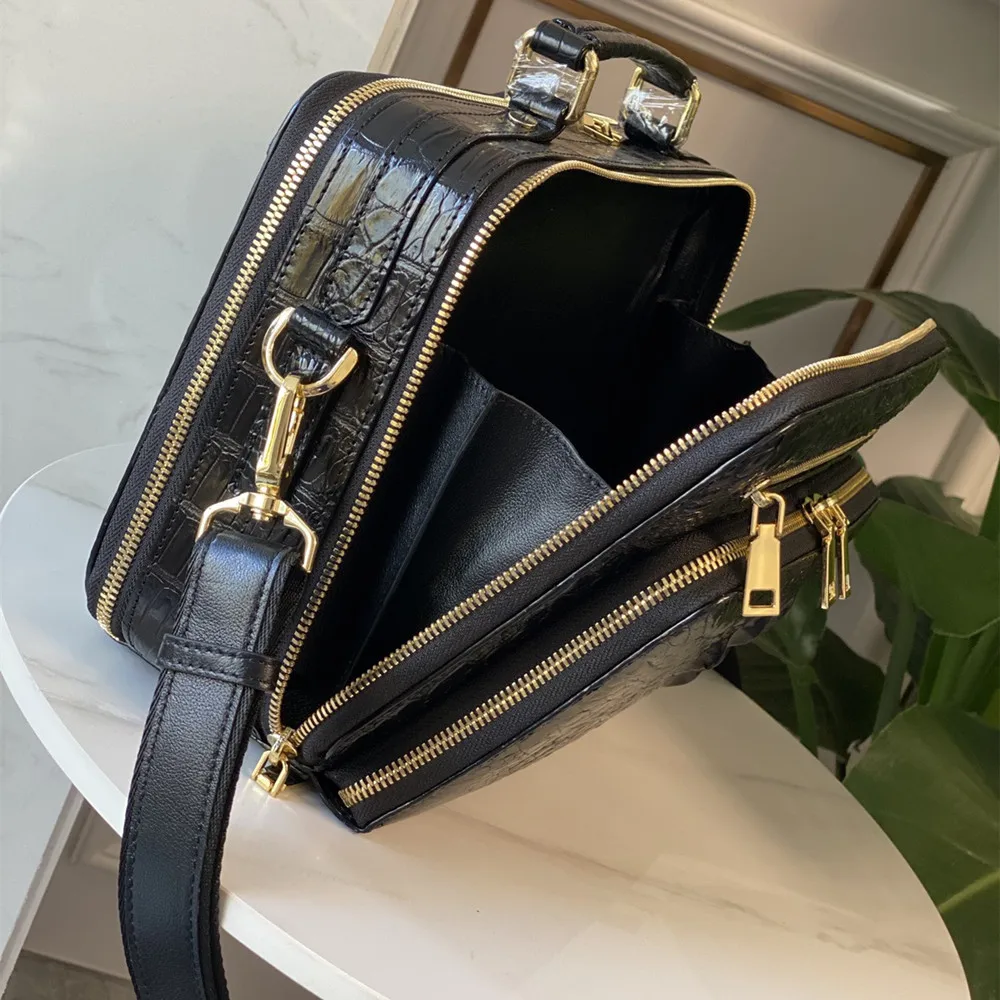 Borsa casual da lavoro da uomo in vera pelle di coccodrillo, borsa a tracolla a tracolla di grande capacità con cerniera in vera pelle di coccodrillo