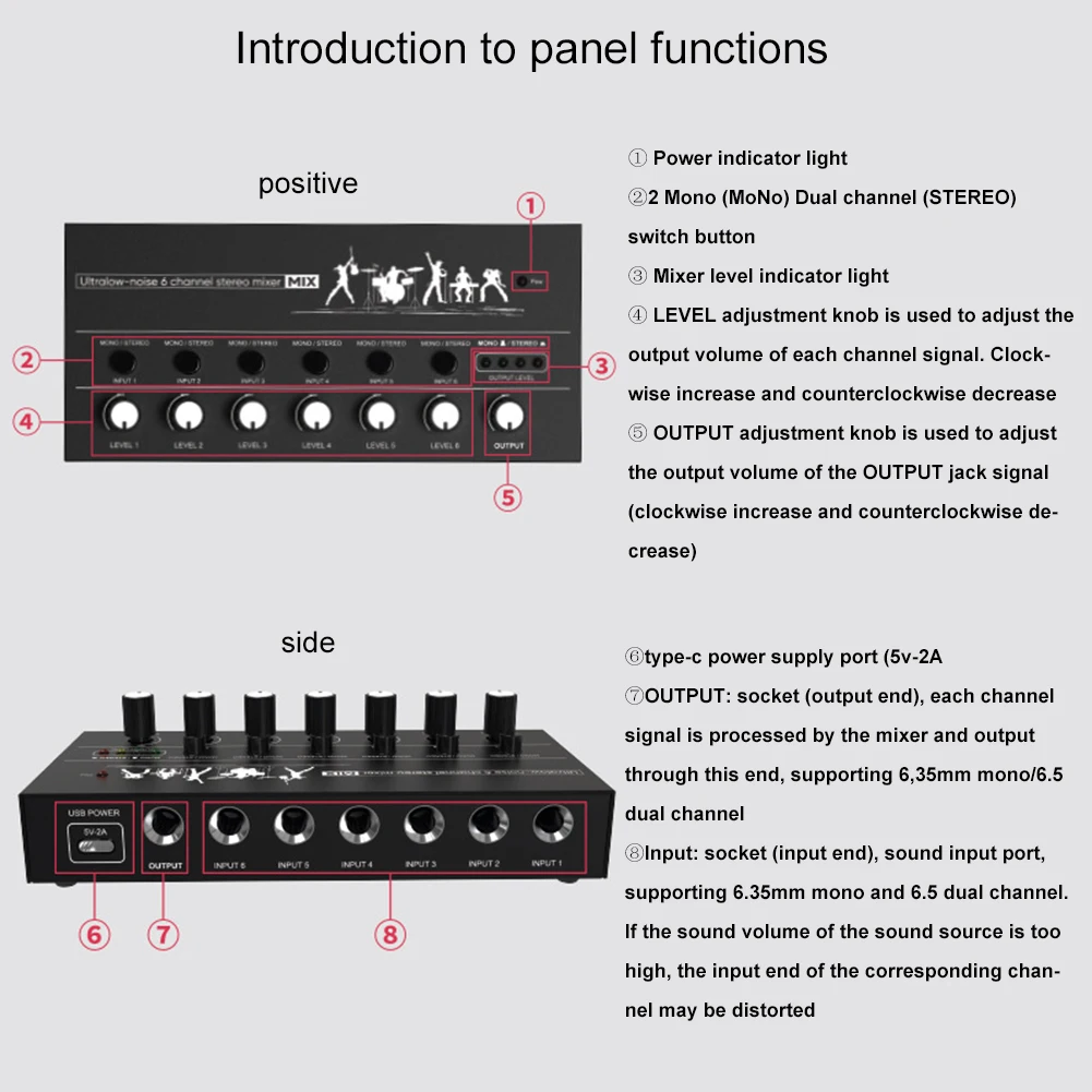 6-Channel Mini Audio Mixer DC 5V Sound Mixer Ultra Low Noise Stereo Mixer Easy Operation for Guitars Bass Keyboards Mixer