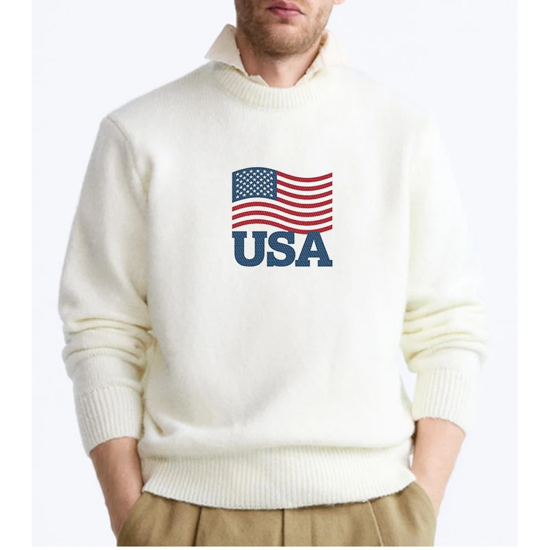 

Knitted White Sweater Y2k Hip Hop Men USA Graphic Loose Vintage Pullovers Jacket Fashion 2024 Autumn Winter Sweaters O-neck Tops