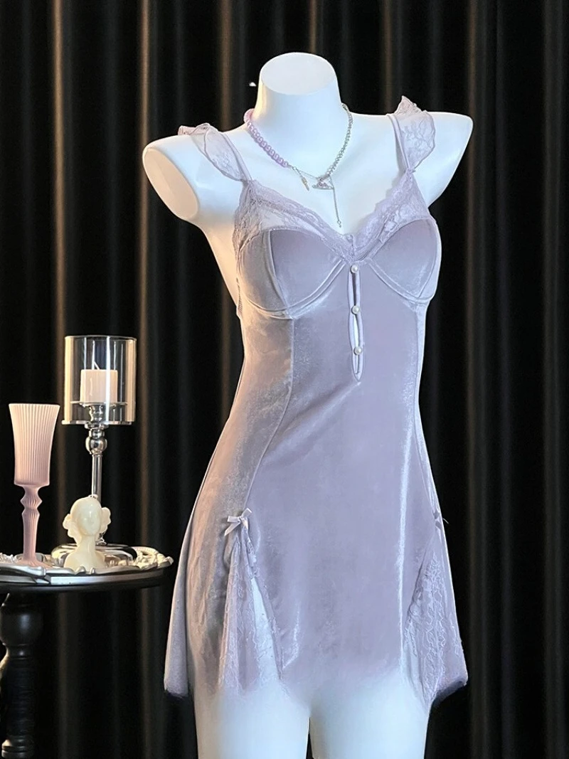 

Taro Purple Deep V Nightgown for Women,Seductive Backless Design with Chest Cushion,Pure Desire Style Halter Pajama,Ascetic and