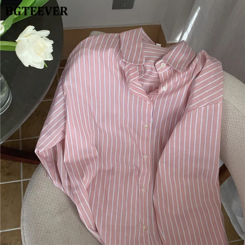 BGTEEVER Loose Striped Blouses for Women Casual Turn-down Collar Long Sleeve Female Summer Shirts Tops