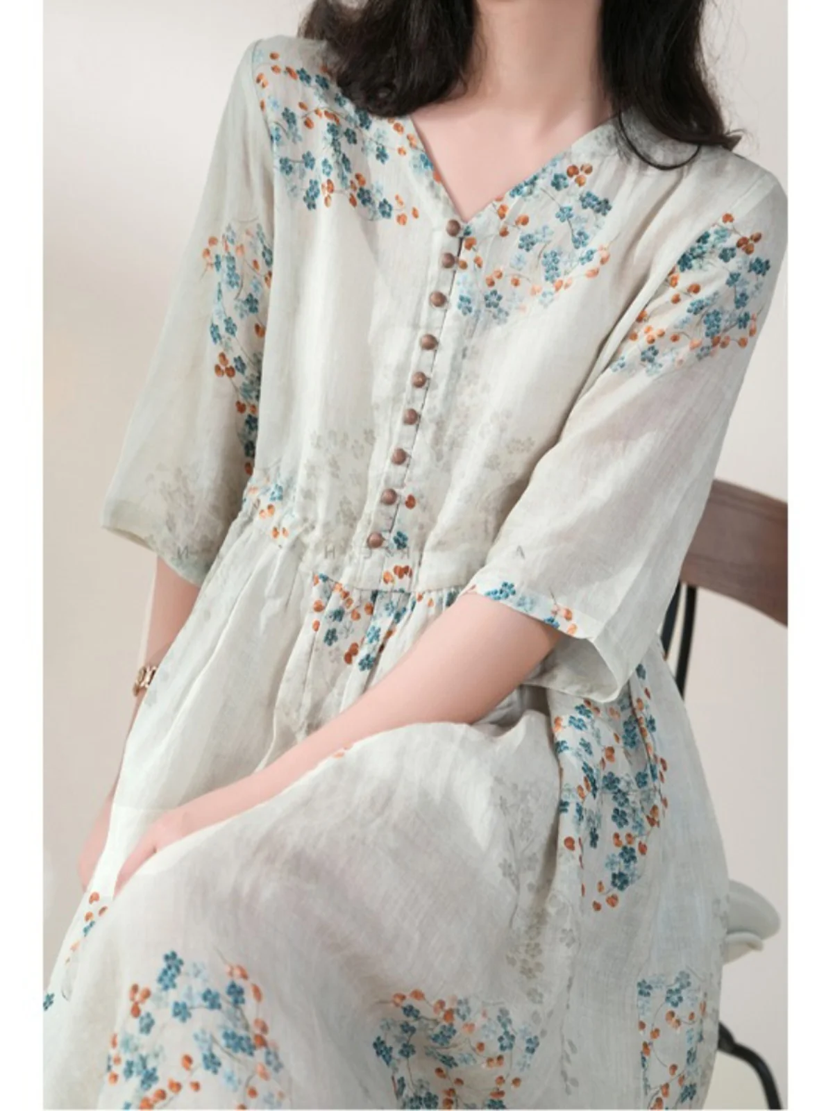 

Elegant Floral Print Maxi Dress Slimming Waistline A-Line Skirt Five-Quarter Sleeves V-Neck Summer Dress for plus Size Women