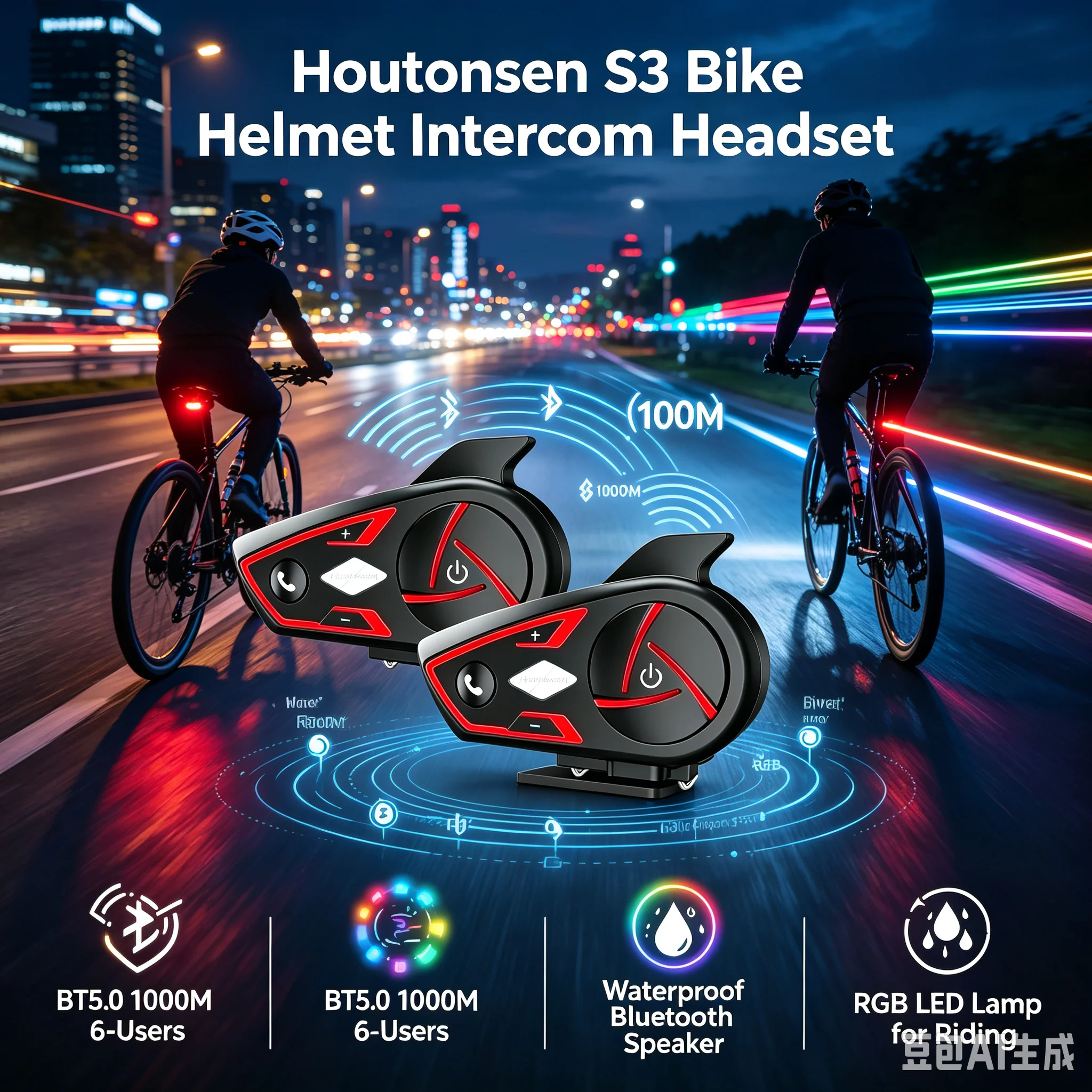 Waterproof Houtonsen S3 Helmet Intercom Headset BT5.0 1000M 6‑Users RGB LED For Bicycle Riding