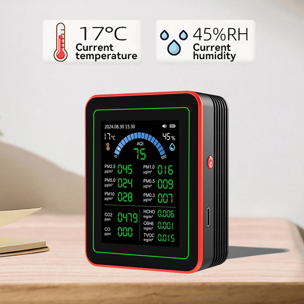 プロフェッショナル空気質モニターセンサーは、CO2 PM2.5/PM10 HCHO TVOCを検出します。家庭用車、植物、ペット用のリアルタイム空気検出器です。