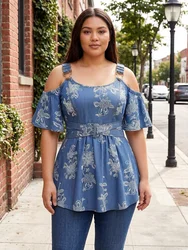 Women's Casual Blouses Tops, Blue Flowers Leaf Print Crisscross Belted Cold Shoulder Denim Top