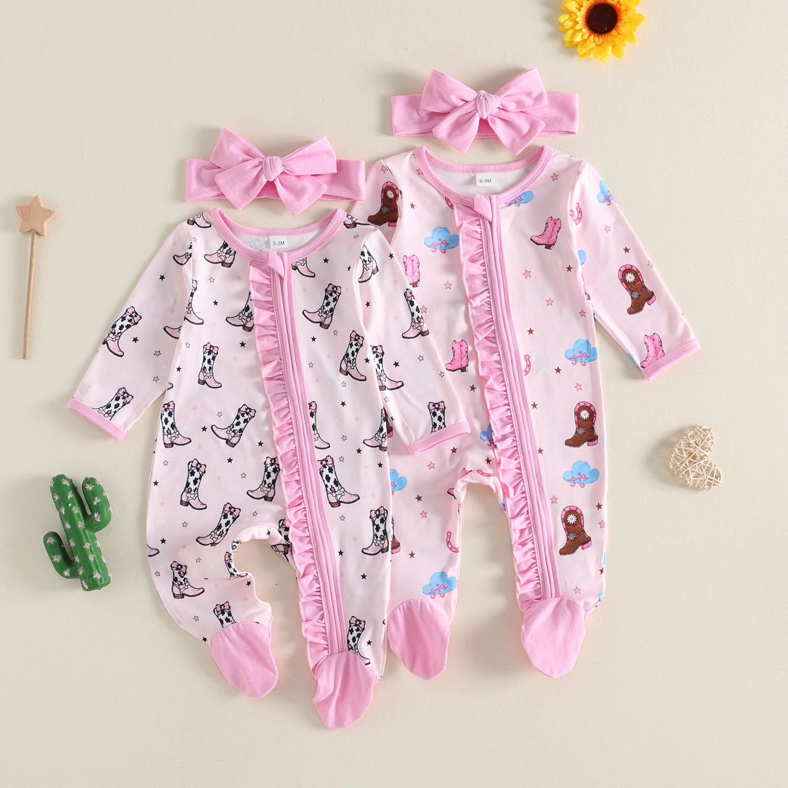 Baby Girls Fall Ruffles Rompers Outfit Long Sleeve Crew Neck Boots Print Footies Jumpsuits Headband