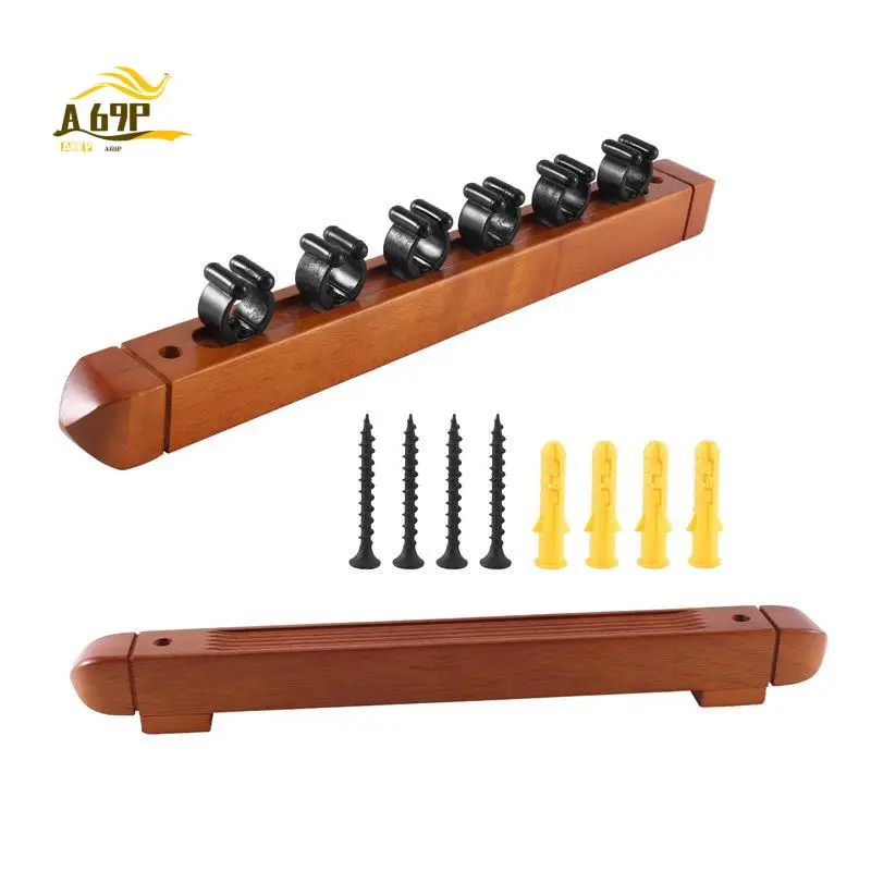 

A69P-New Wall Mounted Hardwood Billiard Cue Rack Pool Cue Rack 6 Clips Billiard Holder Bracket Accessories,Brown