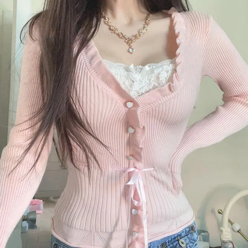 Sweater Tie-Up Patchwork Fake Two-Piece Top Slim-Fit Pink Y2k Contrast Lace Women Japanese Korean Kawaii Tops