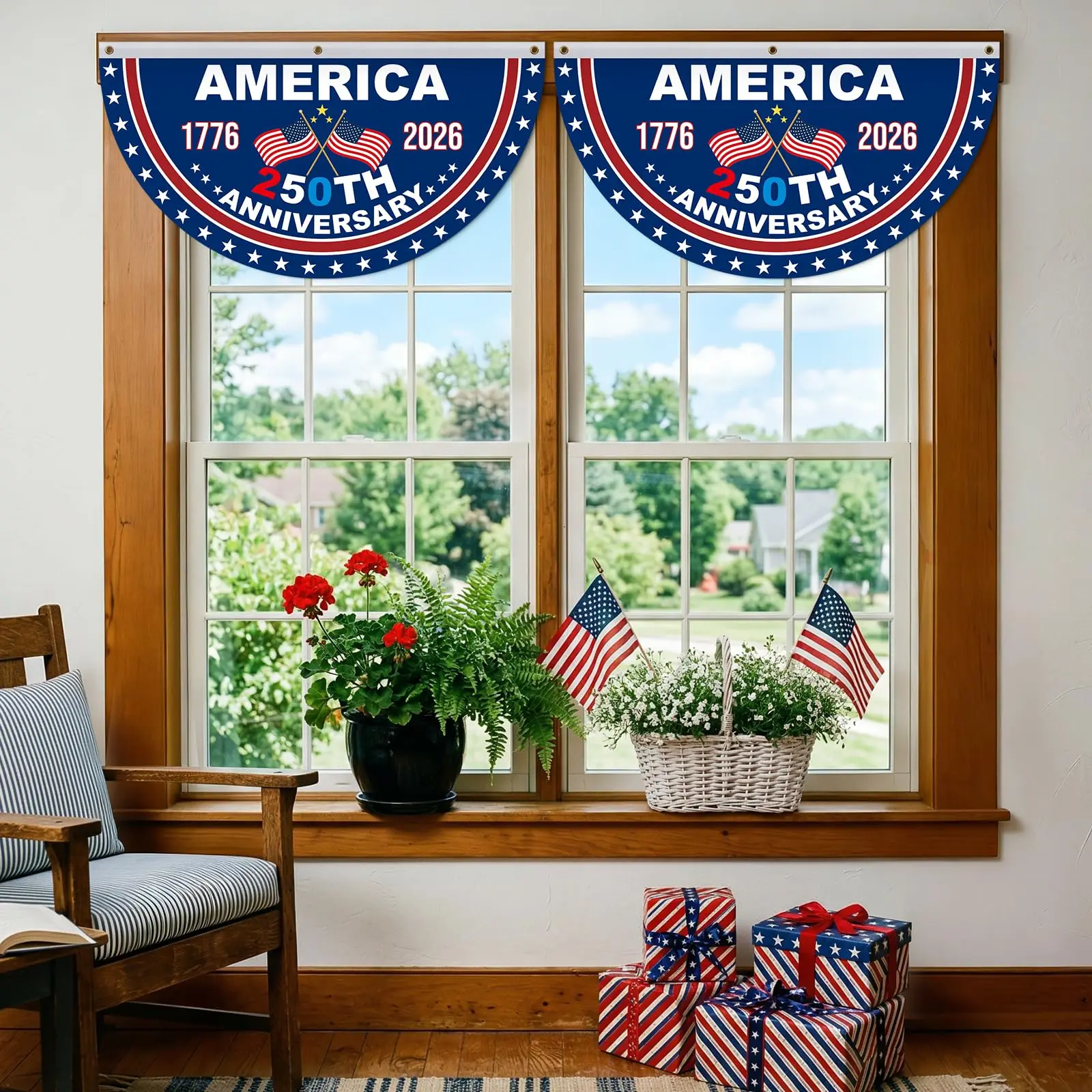 2PCS 250th Anniversary American Flag Garden Hanging Banner Independence Day Style Decorative Family Courtyard Accessory