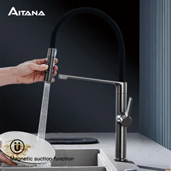 AITANA Luxury Gun Grey Brass Kitchen Faucet Simple Design Single Handle 2-Function Hot and Cold Water Pullout Sink Mixer