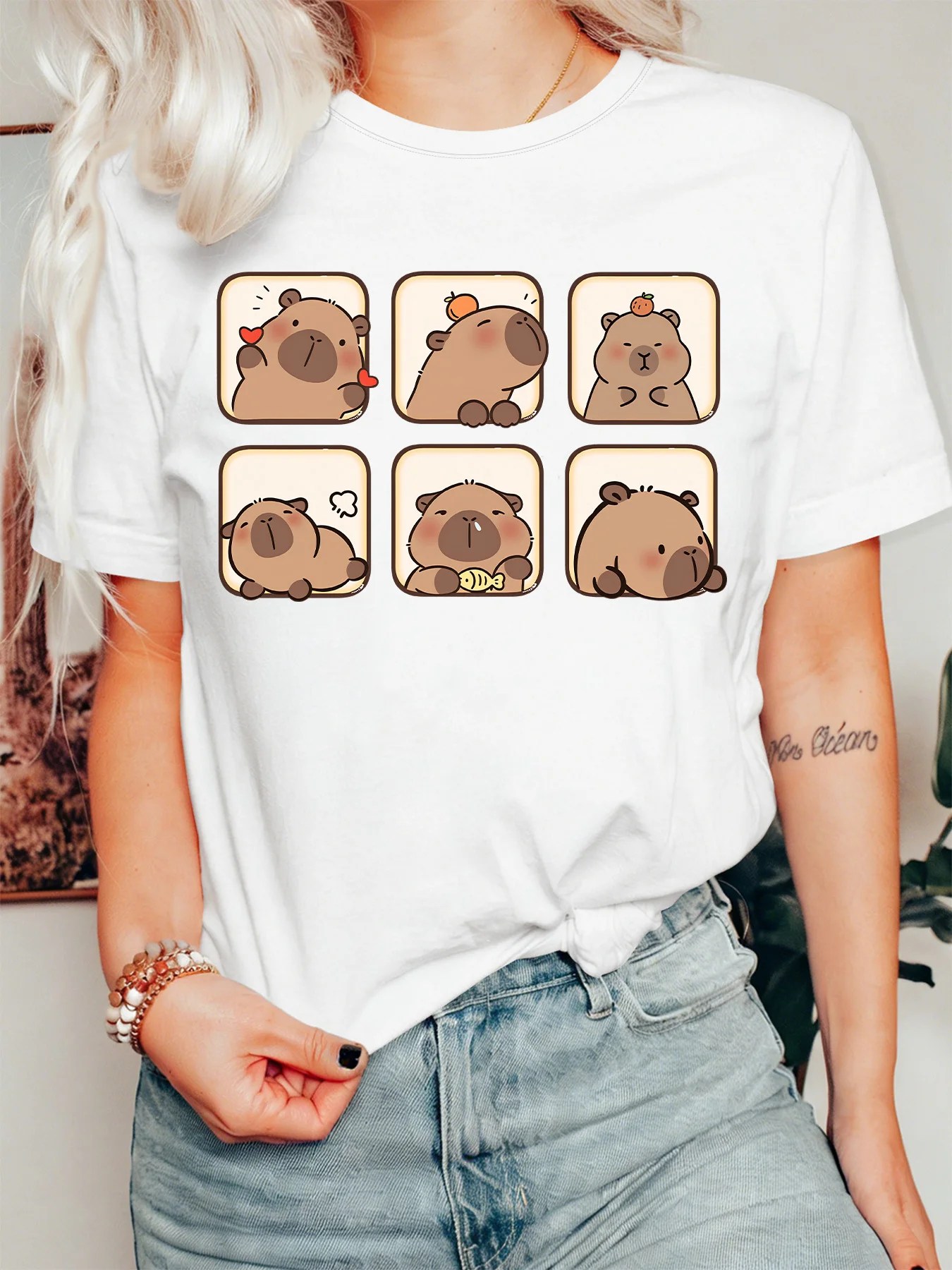 Cute Six Square Capybara Collection Womens T Shirt Varied Mood Animal Cartoon Graphic Tee Short Sleeve Casual Daily Ladies Tops