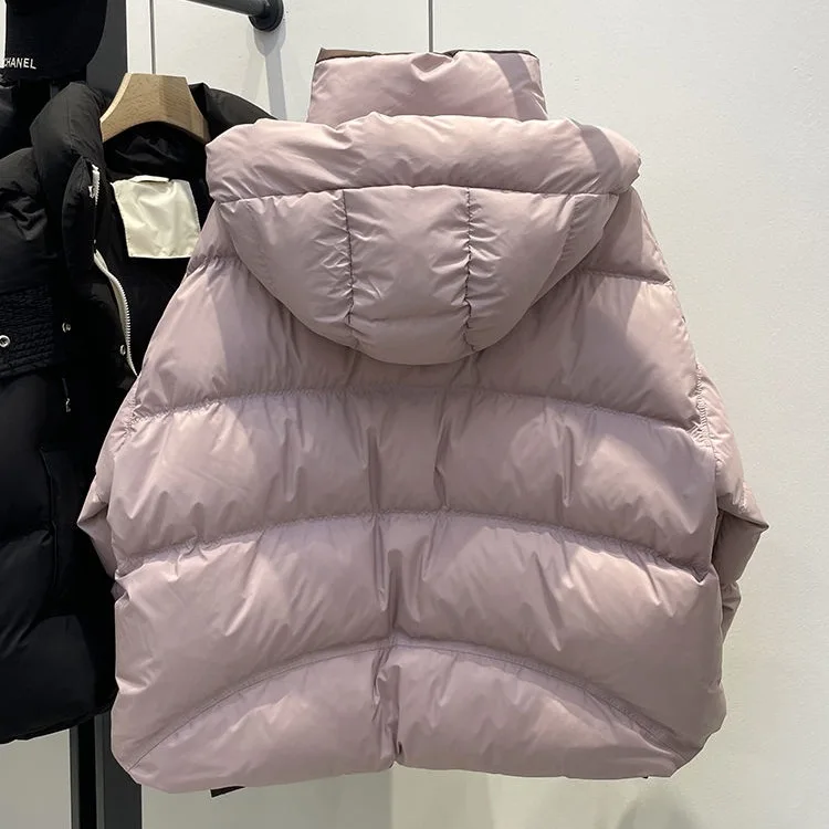 Short hooded cotton jacket for women in autumn and winter 2025  new color blocking loose shoulder straps bread jacket