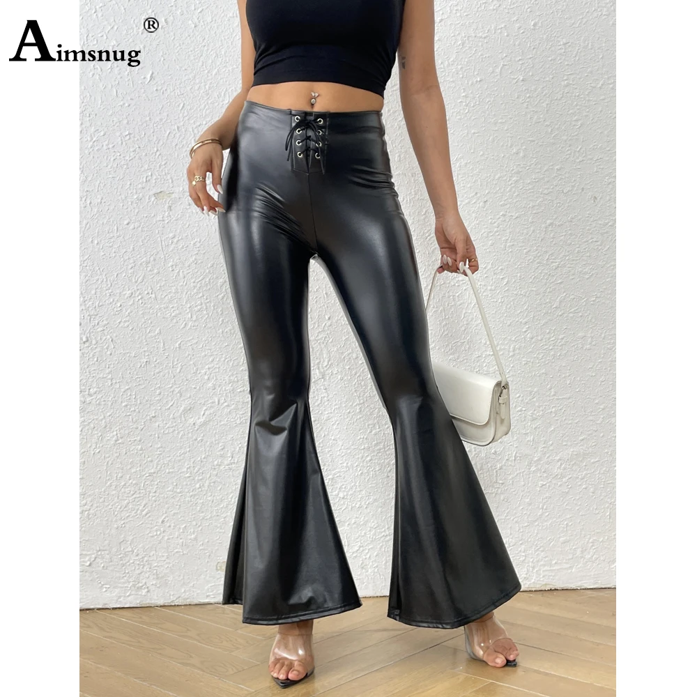 

Women High Waist Fashion PU Leather Flare Pants 2025 American And European Sexy Boot Cut Legging Lady Slim Faux Leather Outfits