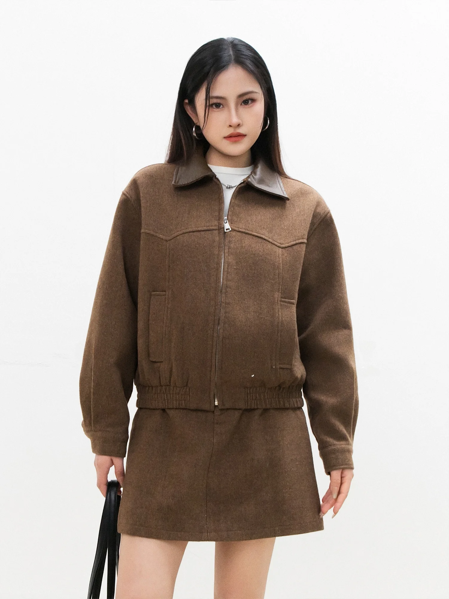 

Ретро-костюм из искусственной кожи и шерсти в американском стиле, женский, весна-осень, модный, с высокой талией, на молнии, куртка-жакет