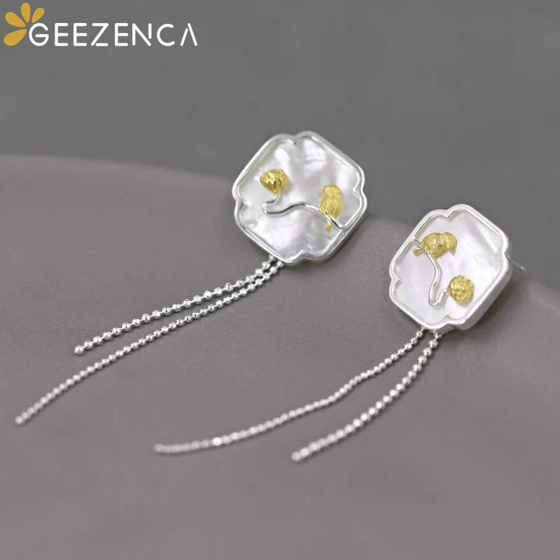 GEEZENCA White Mother of Pearl S925 Silver Two Tone Plated Earrings For Women Lotus Bird Long Tassels Dangle Earring 2023 New