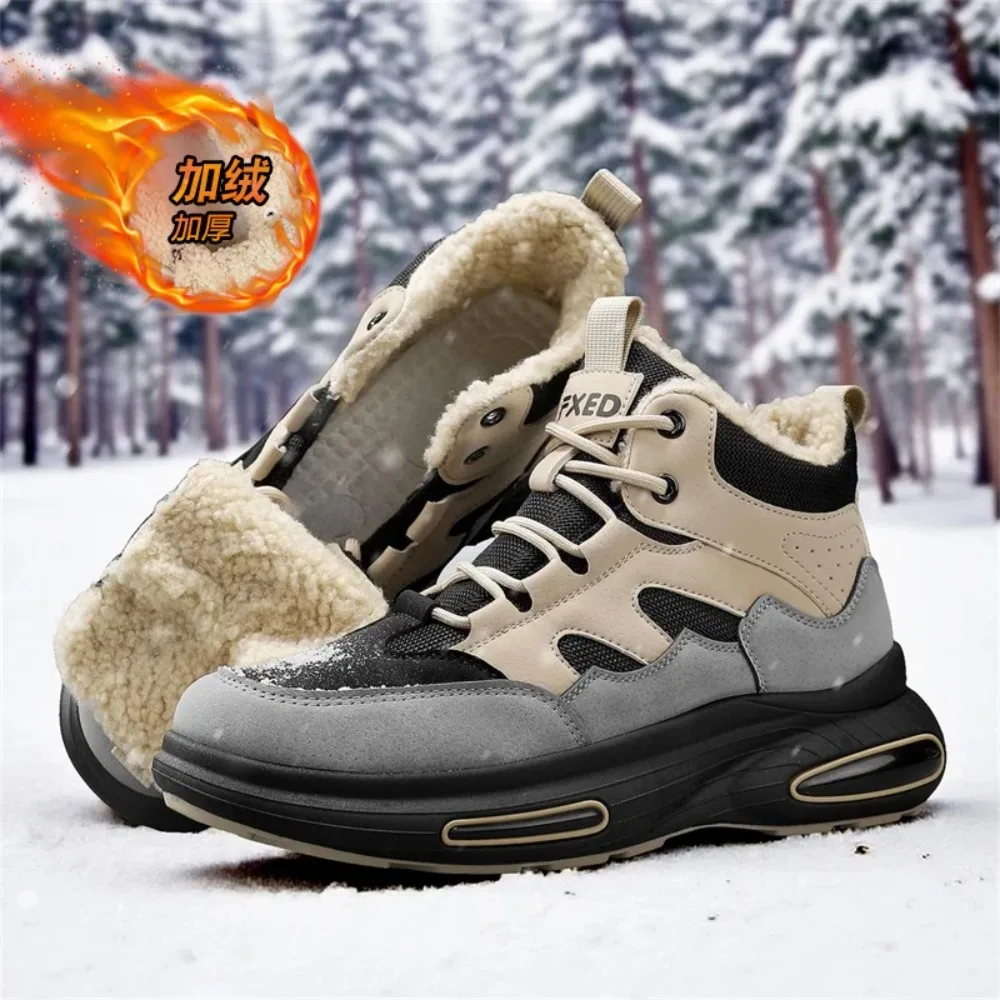 

New High-top Men's Lace-up Round-toe Color-blocked Thick-soled Height-increasing Flat Snow Boots for Autumn and Winter