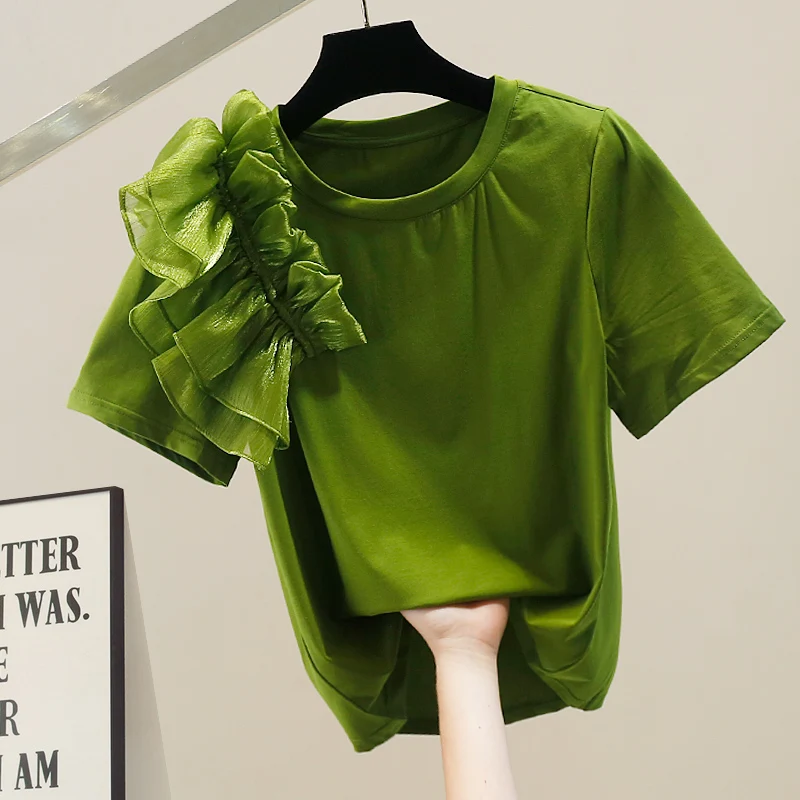 

Faionable Korean Sle ort Sve T-irt with Lace Trim And 3D Floral Design Slimming een Color round Ne Top