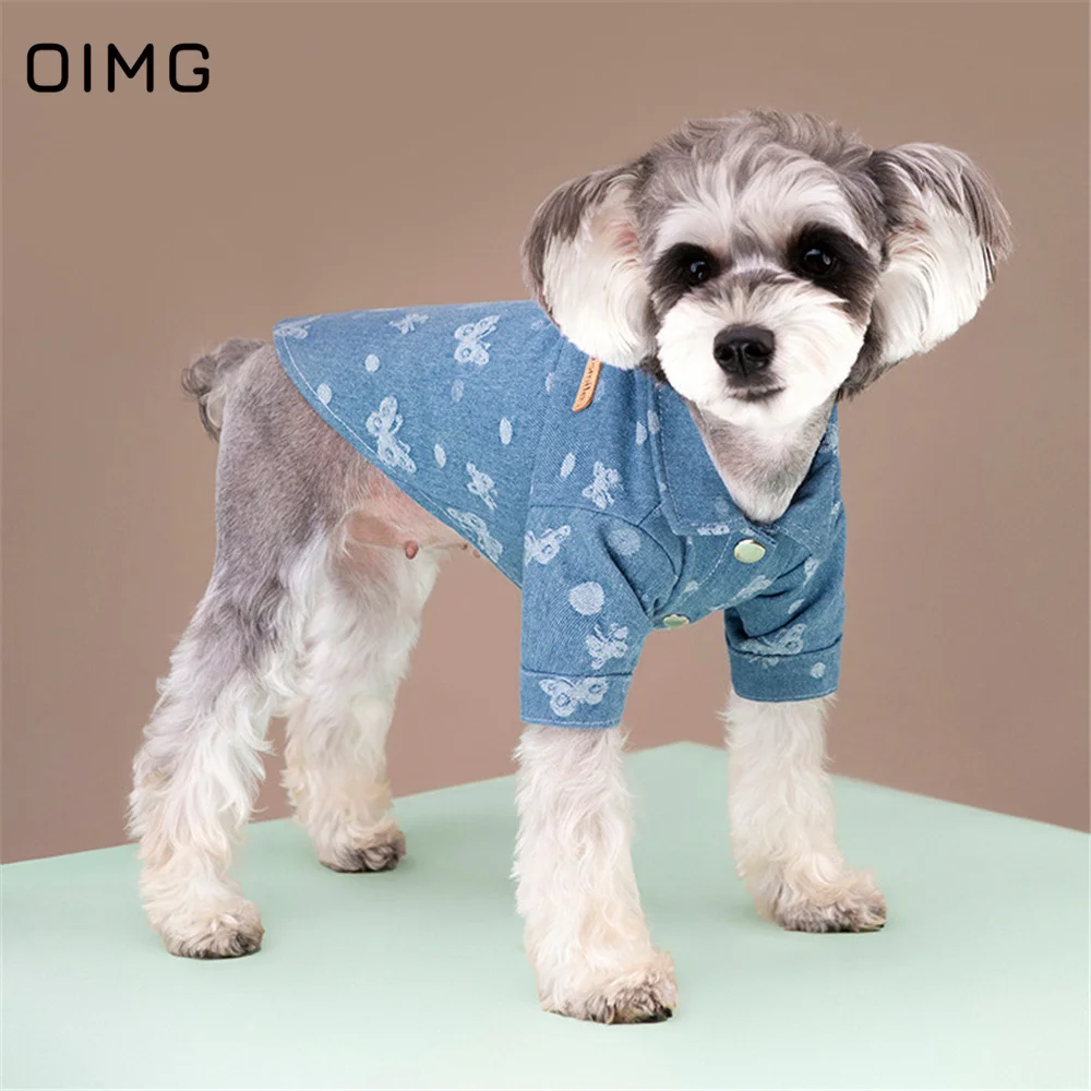 

OIMG Fashionable Small Dogs Denim Shirts Spring Puppy Clothing Cute Cartoon Pet Clothes Party Cat Tshirts Handsome Dogs Outfits