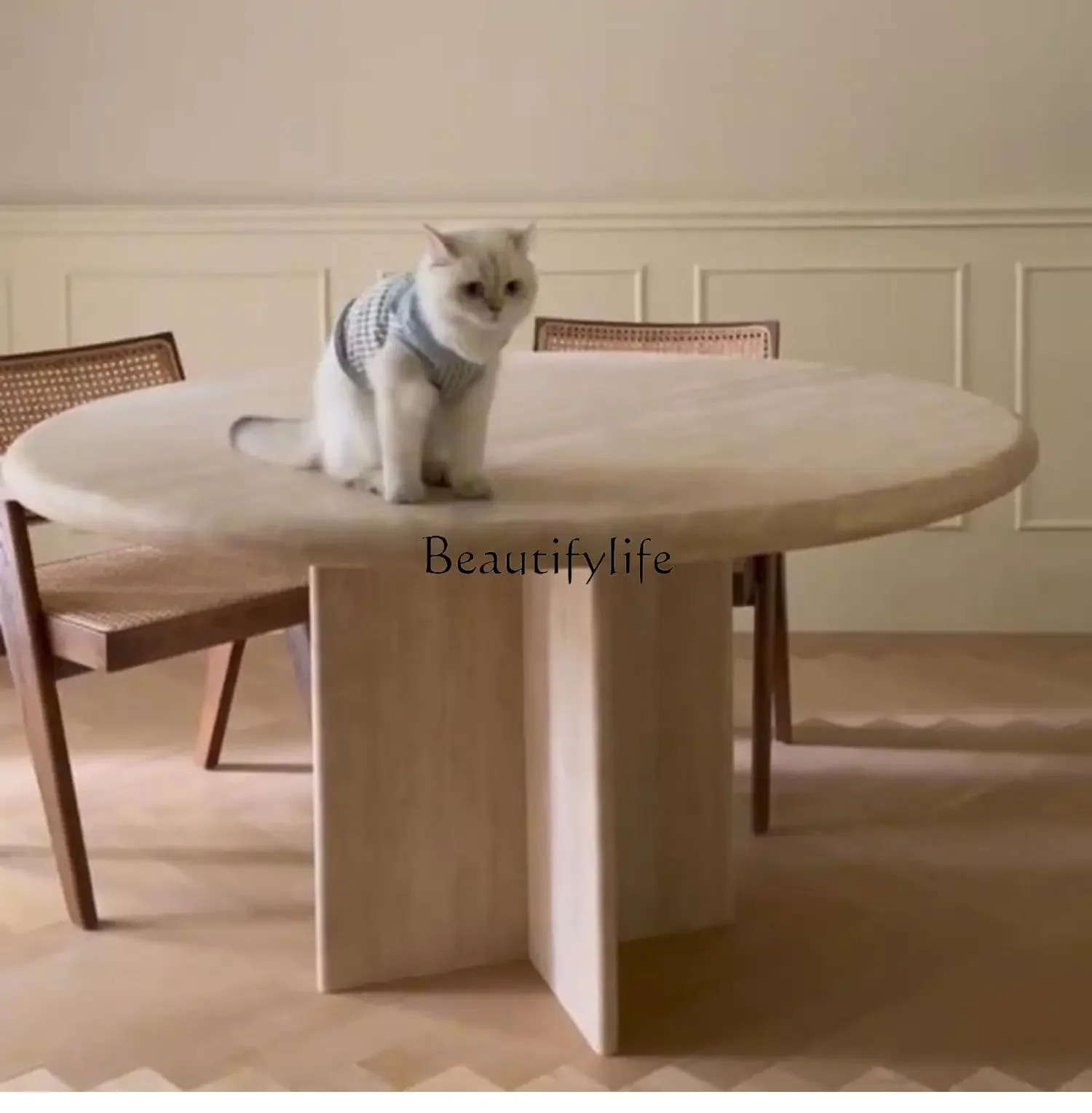 

Natural travertine dining table household marble French cream wabi sabi wind medieval round table