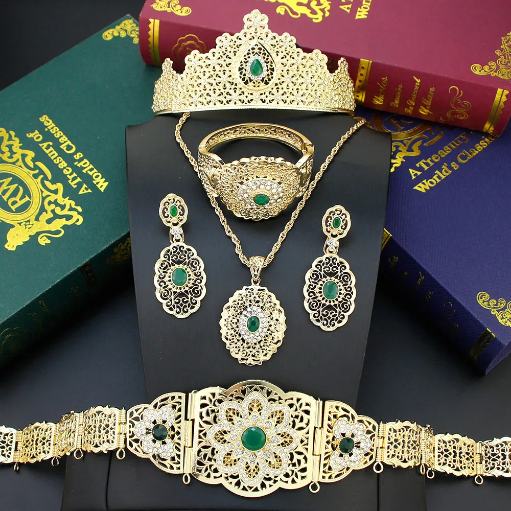 

Elegent Morocco Wedding Belt Sets For Women Bangle Earring Necklace Tiaras 5pcs Gold Color Algeria Bridal Caftan Belt Bijoux