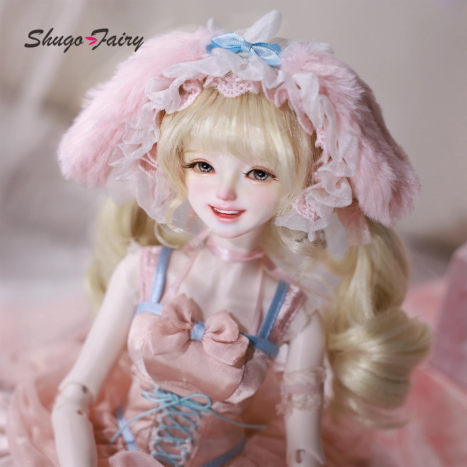 

ShugaFairy Melanie A 1/4 BJD - Romantic Pink Bunny Girl Full Set Usagi Moe W/ Smiling Face Lace Costume Poseable Collectible