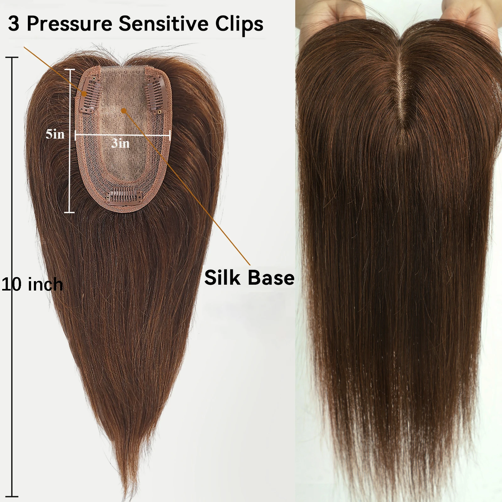 10 Inch Human Hair Toppers With Bangs Dark Brown 100% Remy Human Hair Pieces for Black Women Afro Brazilian Toppers in Silk Base