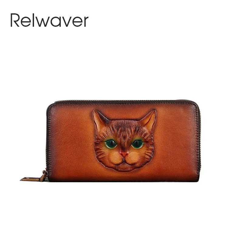 Relwaver natural cow leather wallet cat embossing genuine leather clutch wallet 2023 autumn winter zipper long wallet for women