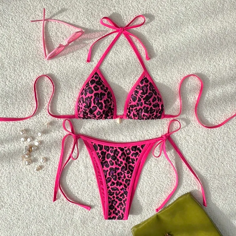 Costume da bagno bikini leopardato sexy da donna con cinturino push up costume da bagno bikini a tre punti costumi da bagno a vita bassa costumi da bagno estivi senza schienale da donna