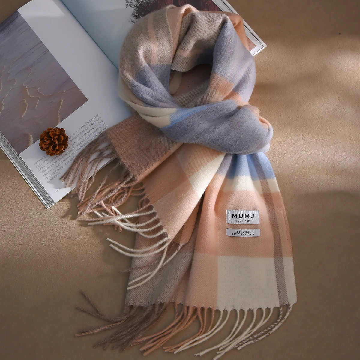 100% Wool Plaid Tassel Scarf Women Soft Thick Checkered Shawl Wrap Classic Lattice Pattern Warm Long Neck Scarf For Daily Coat