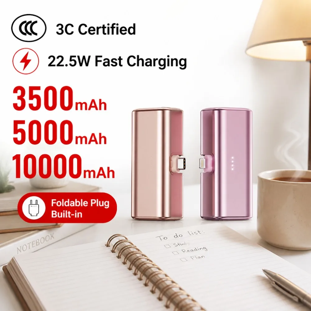 3C Certified 22.5W 5000mAh Mini Capsule Power Bank, Foldable Plug Built-in USB-C Charger for iPhone & Android