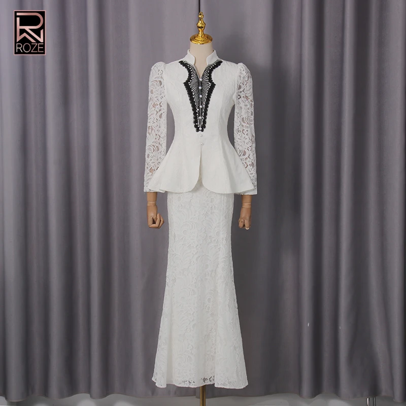 

Элегантный шикарный комплект из двух предметов для женщин, воротник-стойка, топ с длинными рукавами, высокая талия, кружевные юбки, ажурный костюм, женский новый