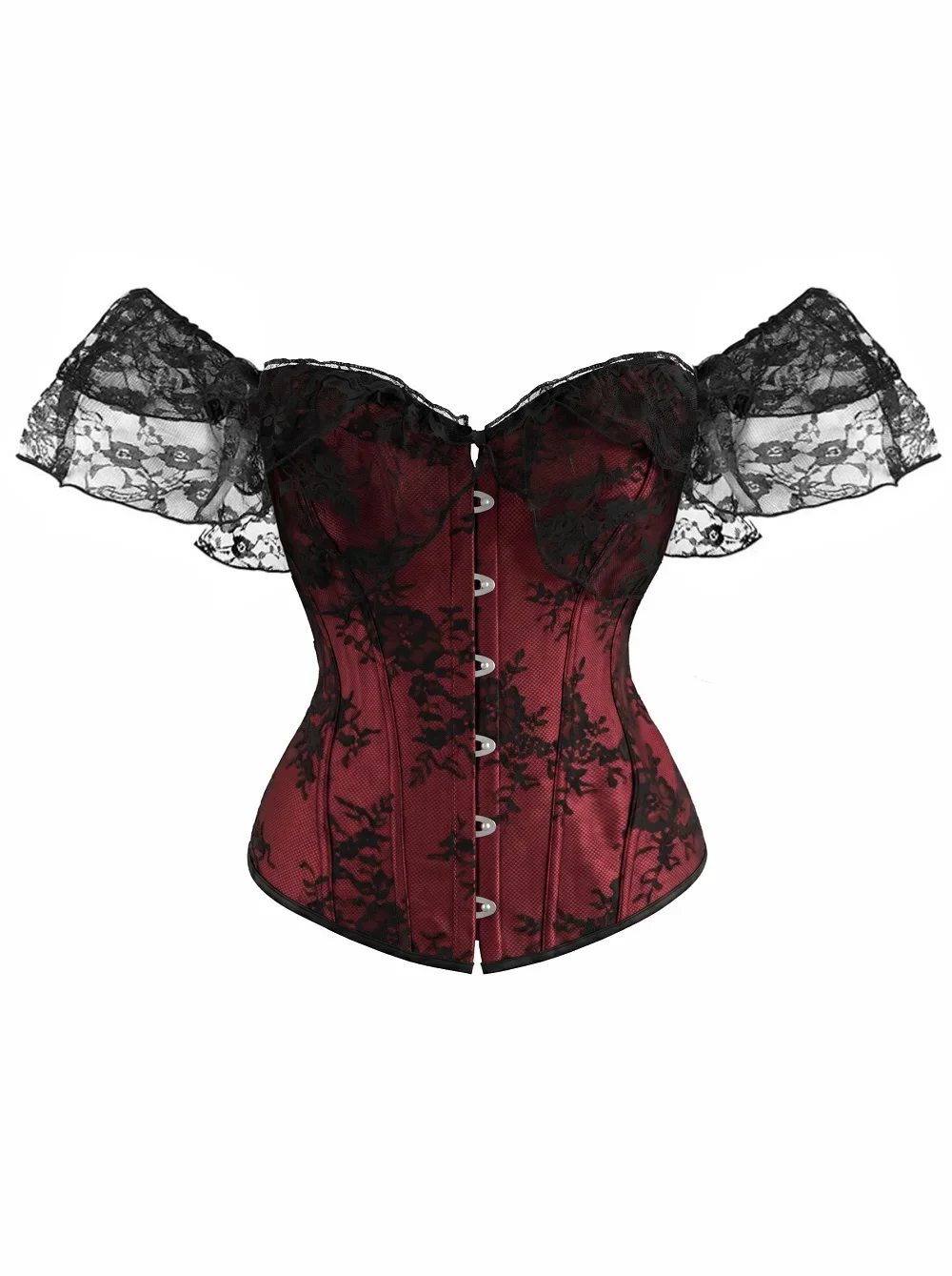 Top corsé de encaje floral con diseño de hombros descubiertos para mujer, con cierre frontal y cordones en la espalda, estilo gótico, ideal para disfraces de Halloween.