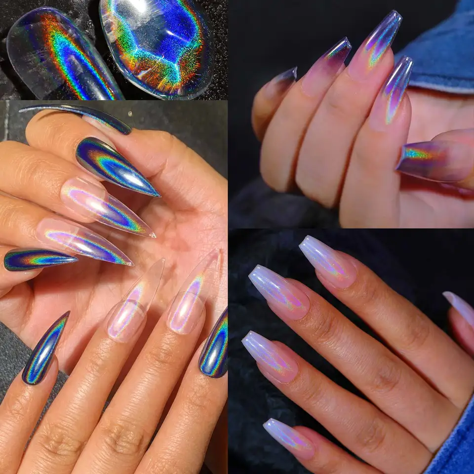 1 Frasco de Brillo Láser Universal para Uñas, Polvo Holográfico Transparente, Brillo Mágico Aurora Espejo, Pigmento para Gel UV 2