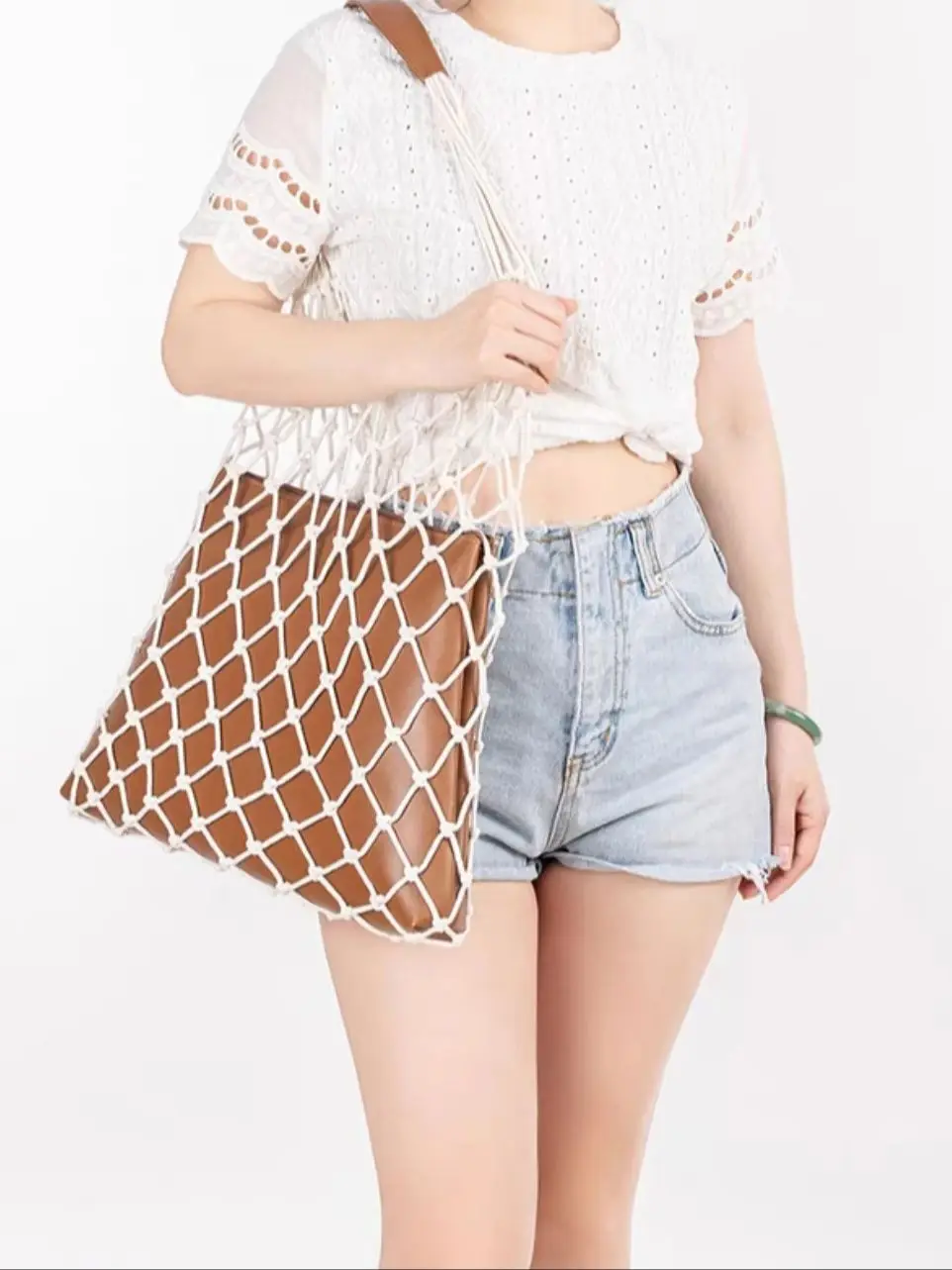 MABULA PU Leather Nylon Knitted Unique SHoulder Bag For Ladies 2pcs Removable Vintage Female Tote Handbag Hollow Out Fashion Bag