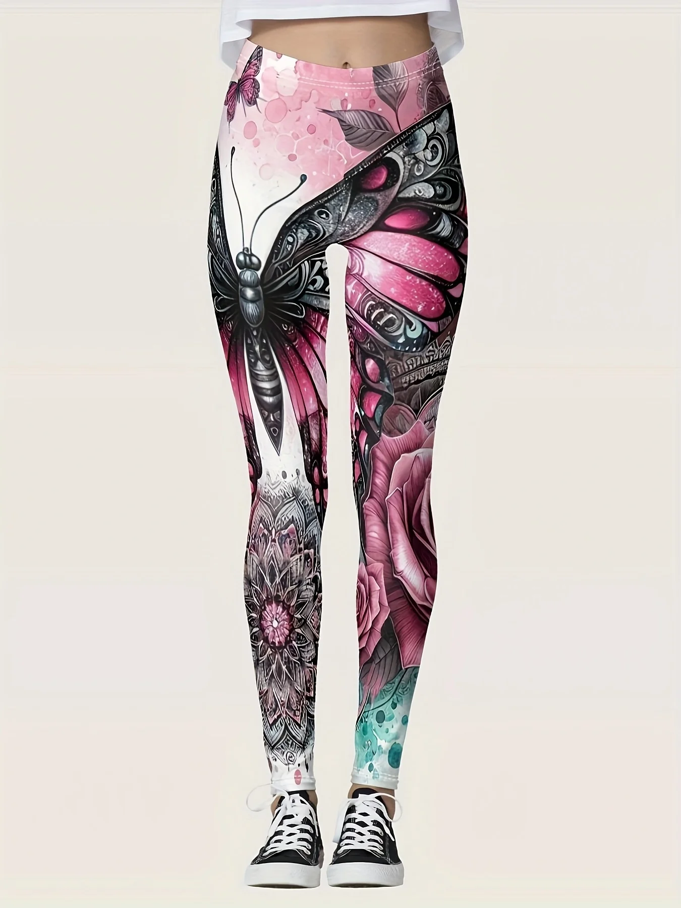 بنطال ضيق نسائي بطبعة فراشة، مصنوع من مزيج البوليستر والألياف اللدنة، مع مرونة مناسبة لملابس الخريف والشتاء. #2