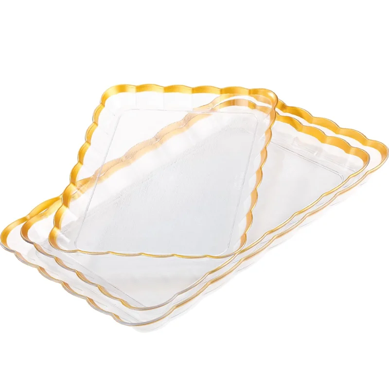 الترويج! صواني تقديم 3 قطع من البلاستيك الشفاف بنمط موجة مستطيلة، 14 بوصة × 10 بوصة، 16 بوصة × 11 بوصة، 18 بوصة × 12.5 بوصة مع لوحات ذهبية Pl