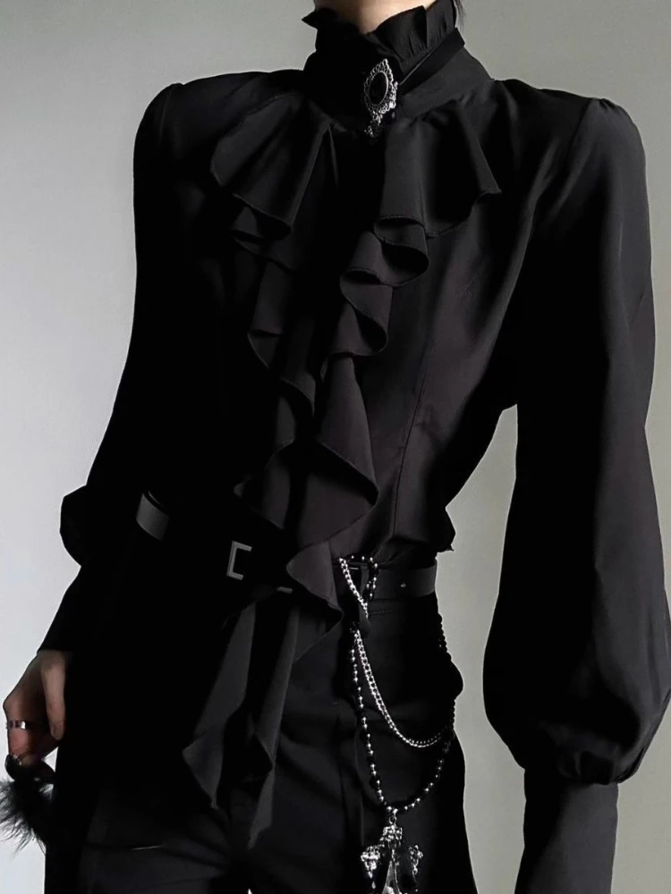 Y2k French Elegant High-End Slim Vintage Ruffled Long Sleeve Women Shirts 2000s Autumn England Style Pure Color Dark Blouse Chic